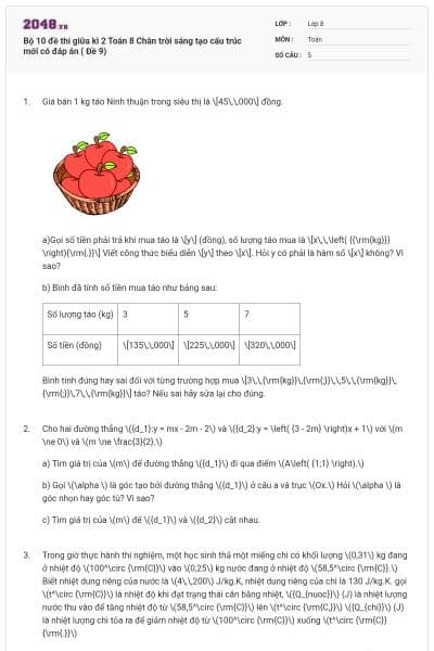 Bộ 10 đề thi giữa kì 2 Toán 8 Chân trời sáng tạo cấu trúc mới có đáp án ( Đề 9)