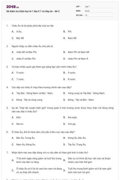 Đề kiểm tra Giữa học kì 1 Địa lí 7 có đáp án - Đề 2