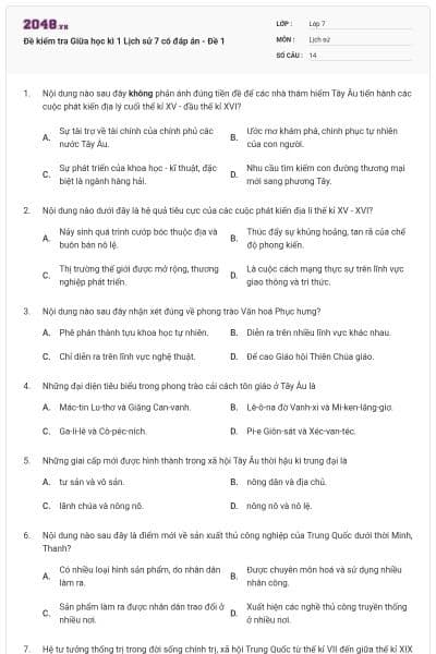 Đề kiểm tra Giữa học kì 1 Lịch sử 7 có đáp án - Đề 1