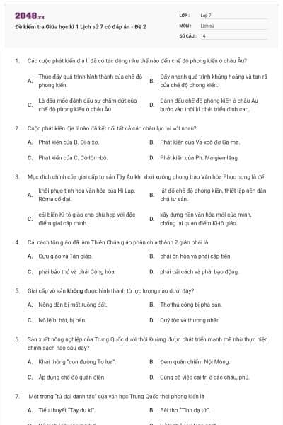 Đề kiểm tra Giữa học kì 1 Lịch sử 7 có đáp án - Đề 2