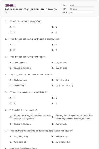 Bộ 2 đề thi Giữa kì 1 Công nghệ 7 Cánh diều có đáp án (Đề 1)