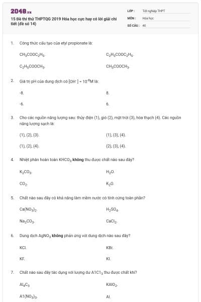 15 Đề thi thử THPTQG 2019 Hóa học cực hay có lời giải chi tiết (đề số 14)