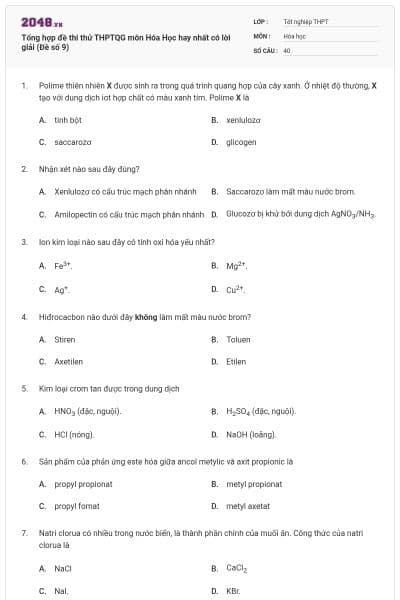 Tổng hợp đề thi thử THPTQG môn Hóa Học hay nhất có lời giải (Đề số 9)