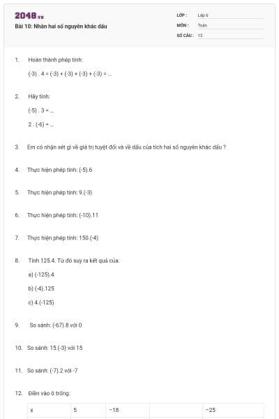 Bài 10: Nhân hai số nguyên khác dấu