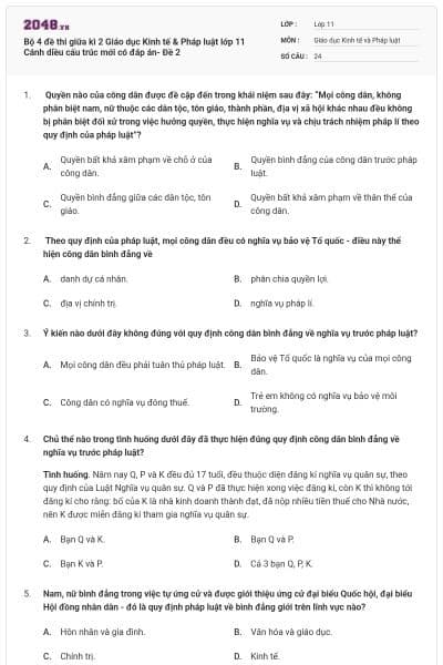 Bộ 4 đề thi giữa kì 2 Giáo dục Kinh tế & Pháp luật lớp 11 Cánh diều cấu trúc mới có đáp án- Đề 2