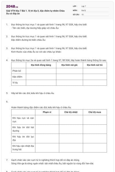 Giải VTH Địa 7 Bài 1. Vị trí địa lí, đặc điểm tự nhiên Châu Âu có đáp án