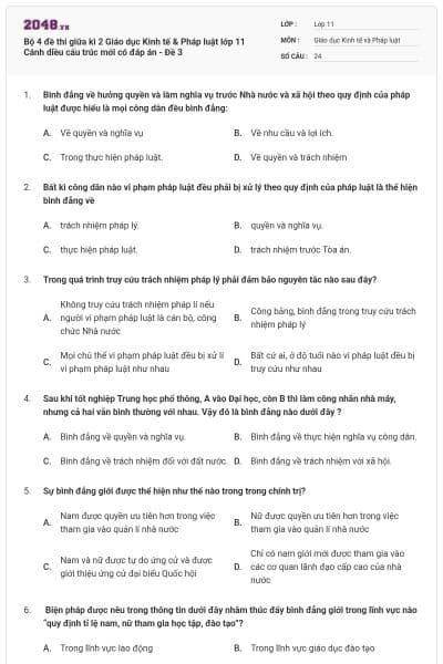 Bộ 4 đề thi giữa kì 2 Giáo dục Kinh tế & Pháp luật lớp 11 Cánh diều cấu trúc mới có đáp án - Đề 3