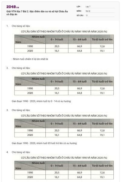 Giải VTH Địa 7 Bài 2. Đặc điểm dân cư và xã hội Châu Âu có đáp án
