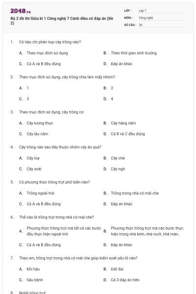 Bộ 2 đề thi Giữa kì 1 Công nghệ 7 Cánh diều có đáp án (Đề 2)