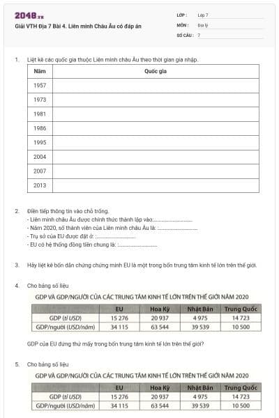 Giải VTH Địa 7 Bài 4. Liên minh Châu Âu có đáp án