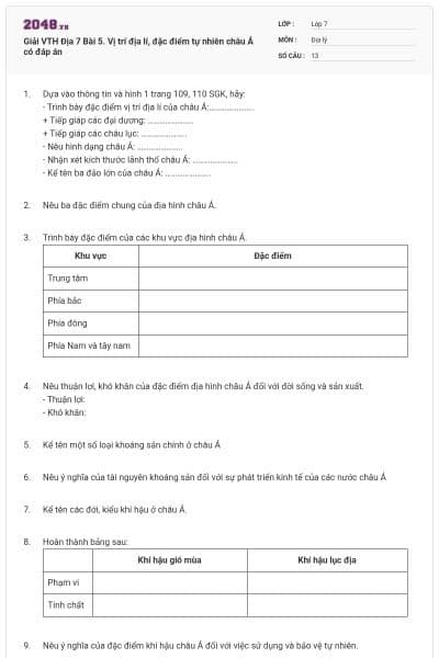 Giải VTH Địa 7 Bài 5. Vị trí địa lí, đặc điểm tự nhiên châu Á có đáp án