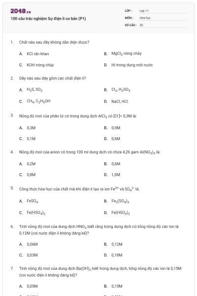 100 câu trắc nghiệm Sự điện li cơ bản (P1)