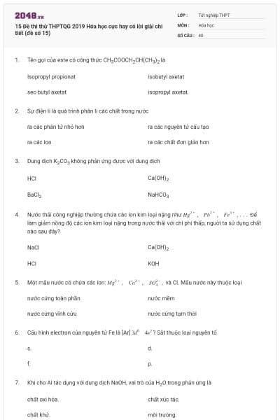15 Đề thi thử THPTQG 2019 Hóa học cực hay có lời giải chi tiết (đề số 15)