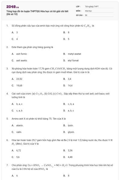 Tổng hợp đề ôn luyện THPTQG Hóa học có lời giải chi tiết (Đề số 10)