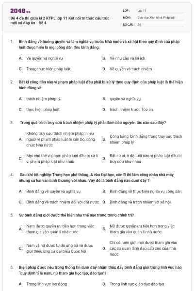 Bộ 4 đề thi giữa kì 2 KTPL lớp 11 Kết nối tri thức cấu trúc mới có đáp án - Đề 4