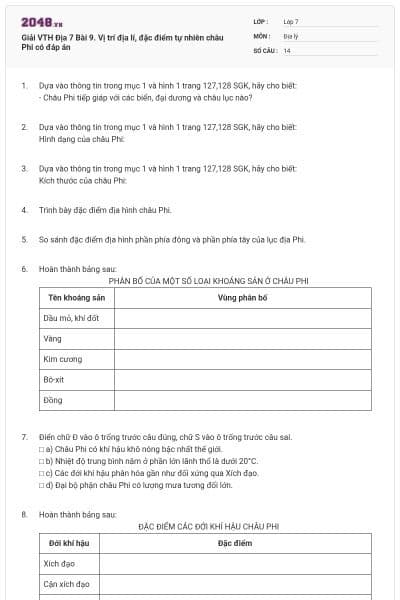 Giải VTH Địa 7 Bài 9. Vị trí địa lí, đặc điểm tự nhiên châu Phi có đáp án