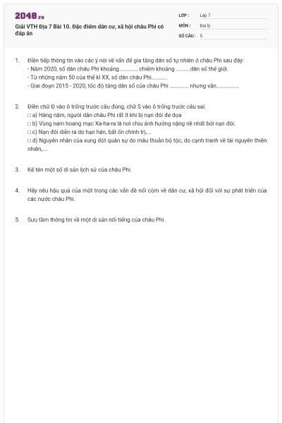 Giải VTH Địa 7 Bài 10. Đặc điểm dân cư, xã hội châu Phi có đáp án