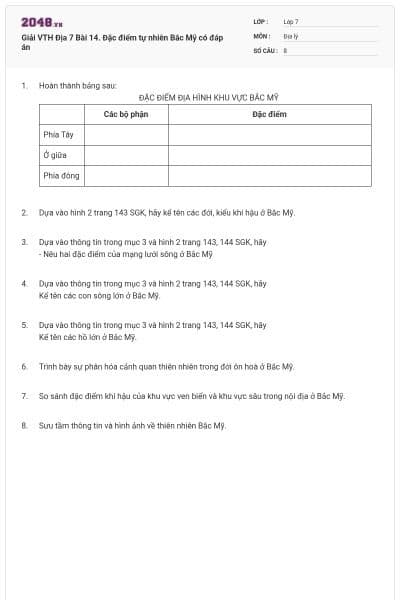 Giải VTH Địa 7 Bài 14. Đặc điểm tự nhiên Bắc Mỹ có đáp án