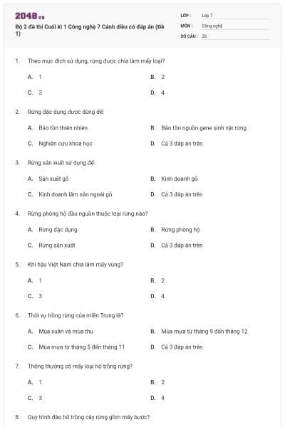 Bộ 2 đề thi Cuối kì 1 Công nghệ 7 Cánh diều có đáp án (Đề 1)