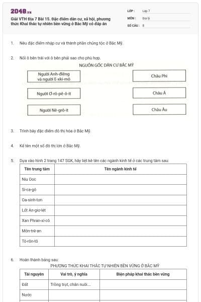 Giải VTH Địa 7 Bài 15. Đặc điểm dân cư, xã hội, phương thức Khai thác tự nhiên bền vững ở  Bắc Mỹ có đáp án