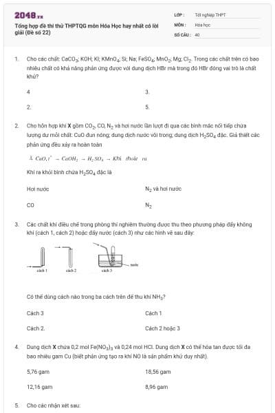 Tổng hợp đề thi thử THPTQG môn Hóa Học hay nhất có lời giải (Đề số 22)