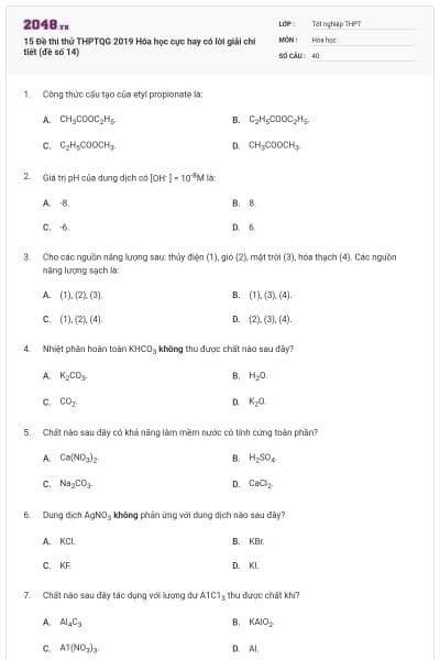 15 Đề thi thử THPTQG 2019 Hóa học cực hay có lời giải chi tiết (đề số 14)