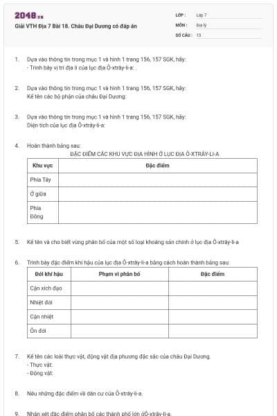 Giải VTH Địa 7 Bài 18. Châu Đại Dương có đáp án