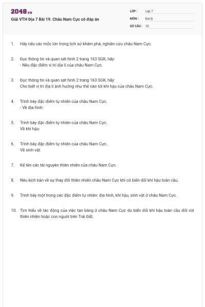 Giải VTH Địa 7 Bài 19. Châu Nam Cực có đáp án