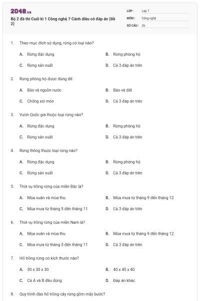 Bộ 2 đề thi Cuối kì 1 Công nghệ 7 Cánh diều có đáp án (Đề 2)