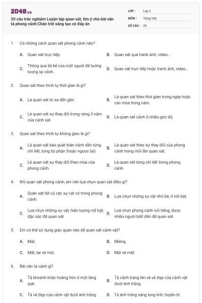 20 câu trắc nghiệm Luyện tập quan sát, tìm ý cho bài văn tả phong cảnh Chân trời sáng tạo có đáp án