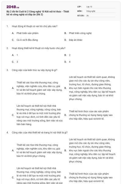 Bộ 2 đề thi Cuối kì 2 Công nghệ 10 Kết nối tri thức - Thiết kế và công nghệ có đáp án (Đề 2)