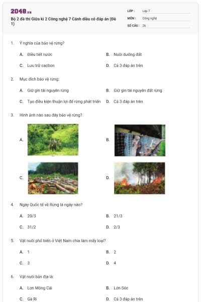 Bộ 2 đề thi Giữa kì 2 Công nghệ 7 Cánh diều có đáp án (Đề 1)