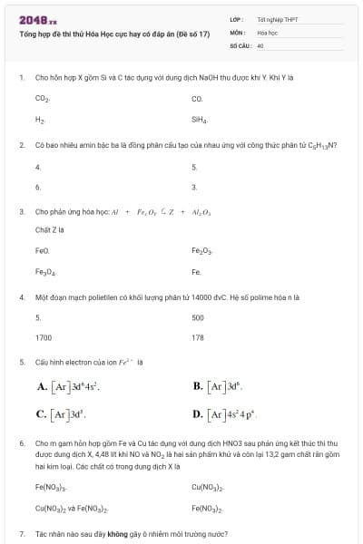 Tổng hợp đề thi thử Hóa Học cực hay có đáp án (Đề số 17)