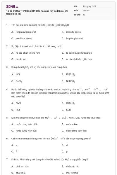 15 Đề thi thử THPTQG 2019 Hóa học cực hay có lời giải chi tiết (đề số 15)