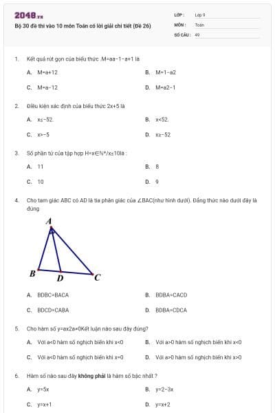 Bộ 30 đề thi vào 10 môn Toán có lời giải chi tiết (Đề 26)
