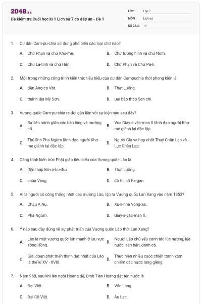 Đề kiểm tra Cuối học kì 1 Lịch sử 7 có đáp án - Đề 1