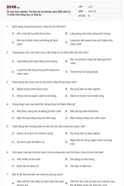 20 câu trắc nghiệm Trả bài văn tả phong cảnh (Bài viết số 1) Chân trời sáng tạo có đáp án