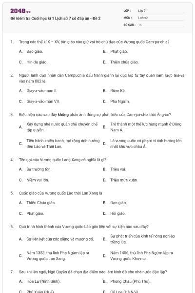 Đề kiểm tra Cuối học kì 1 Lịch sử 7 có đáp án - Đề 2