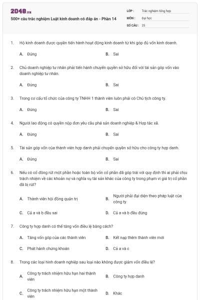 500+ câu trắc nghiệm Luật kinh doanh có đáp án - Phần 14