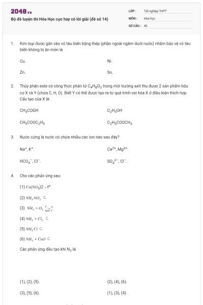 Bộ đề luyện thi Hóa Học cực hay có lời giải (đề số 14)