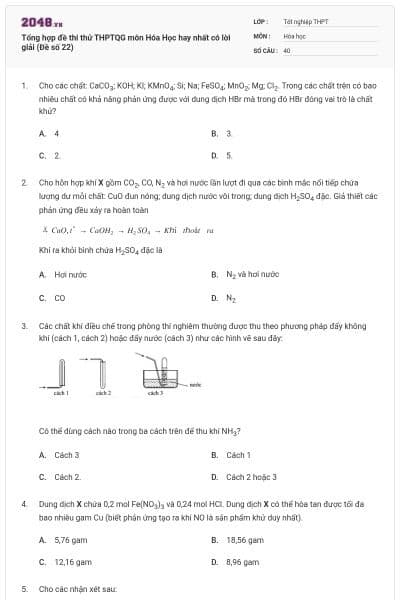 Tổng hợp đề thi thử THPTQG môn Hóa Học hay nhất có lời giải (Đề số 22)