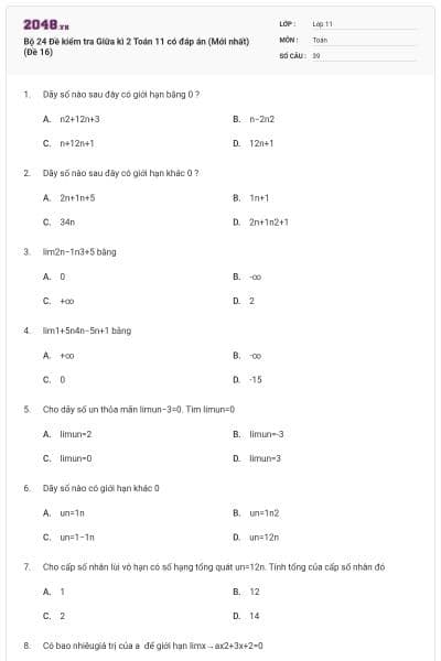 Bộ 24 Đề kiểm tra Giữa kì 2 Toán 11 có đáp án (Mới nhất) (Đề 16)