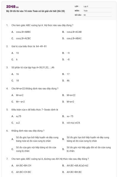 Bộ 30 đề thi vào 10 môn Toán có lời giải chi tiết (Đề 28)