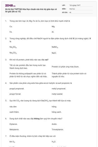 Đề thi thử THPTQG Hóa Học chuẩn cấu trúc bộ giáo dục có lời giải (Đề số 15)