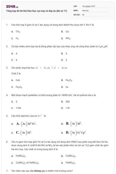 Tổng hợp đề thi thử Hóa Học cực hay có đáp án (Đề số 17)