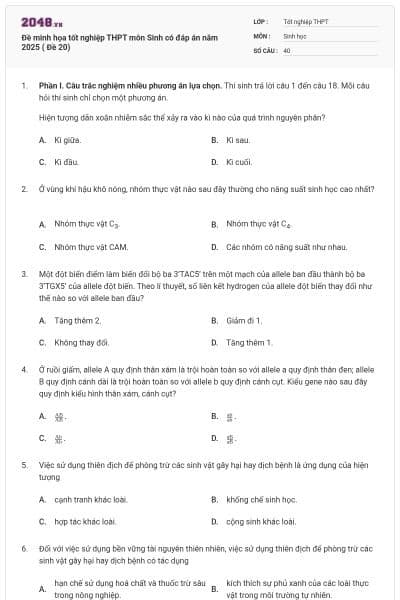 Đề minh họa tốt nghiệp THPT môn Sinh có đáp án năm 2025 ( Đề 20)