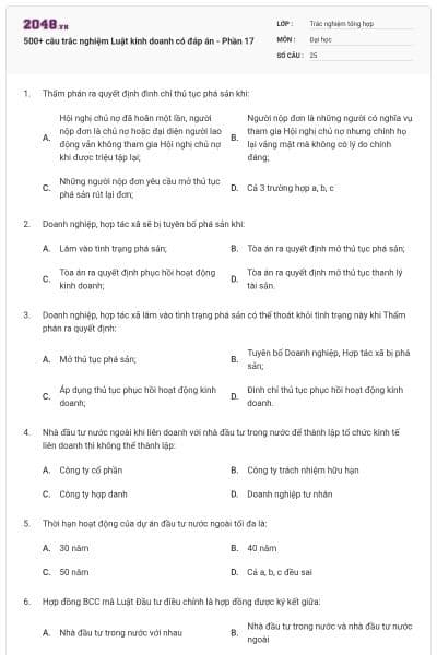 500+ câu trắc nghiệm Luật kinh doanh có đáp án - Phần 17