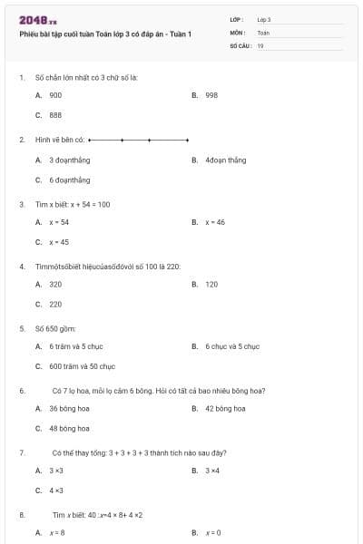 Phiếu bài tập cuối tuần Toán lớp 3 có đáp án - Tuần 1