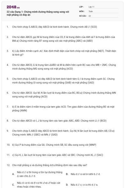 22 câu Dạng 1: Chứng minh đường thẳng song song với mặt phẳng có đáp án