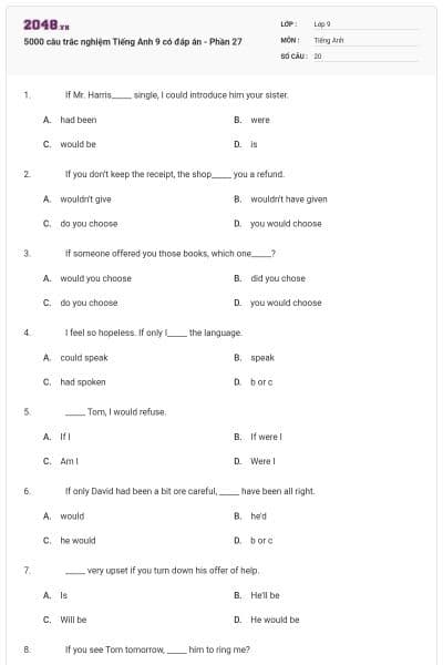 5000 câu trắc nghiệm Tiếng Anh 9 có đáp án - Phần 27